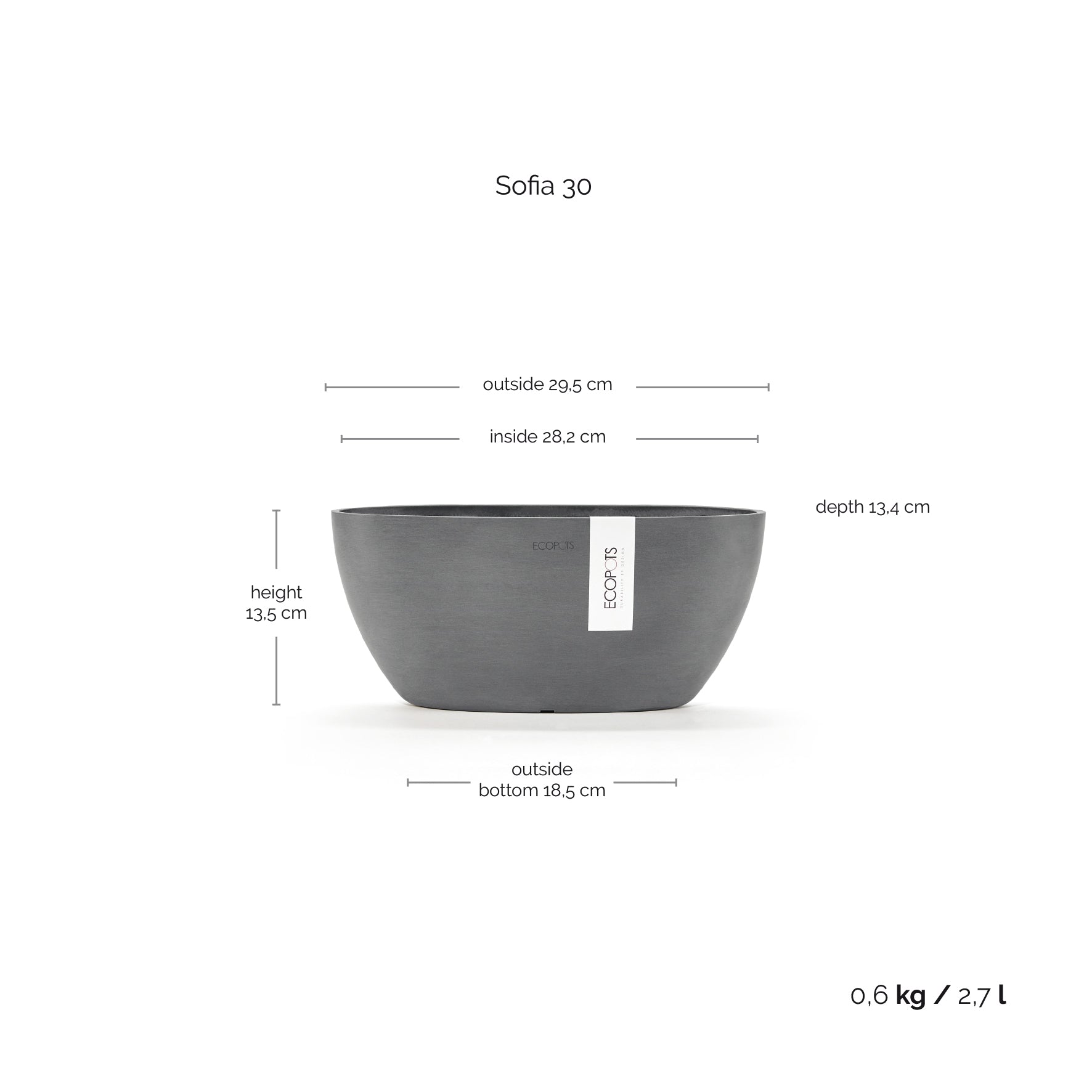 Ecopots Sofia L30 P13 H13.5 cm