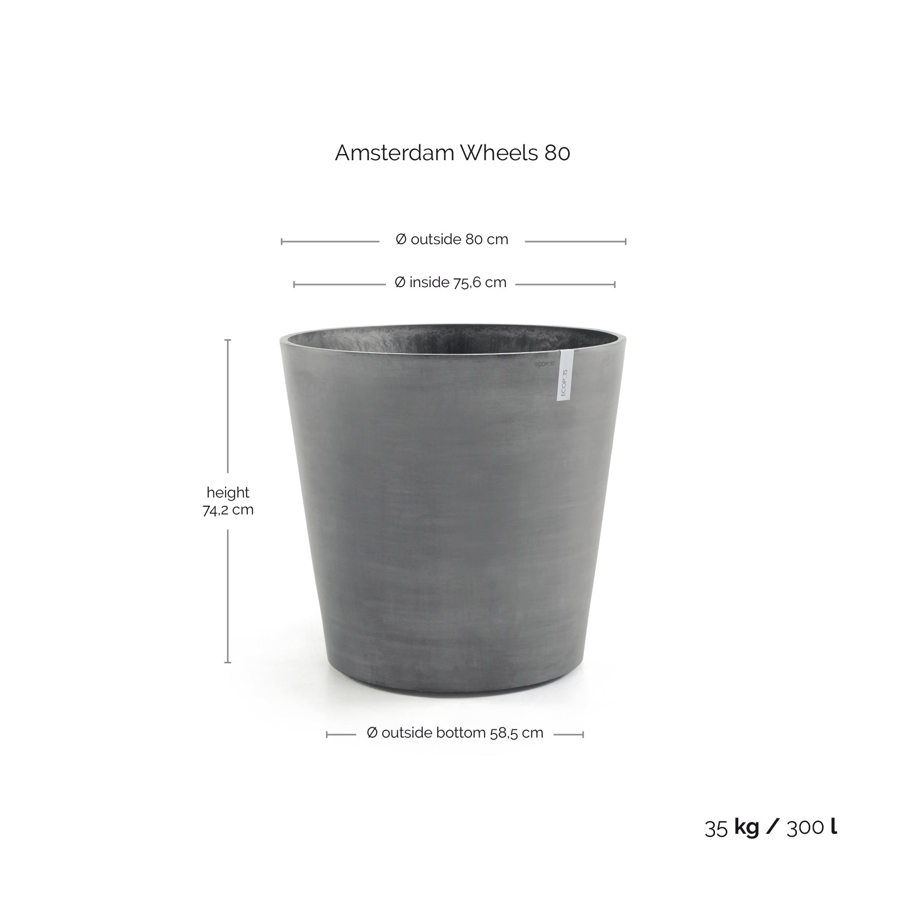 Ecopots Amsterdam Wheels Ø80 H75 cm